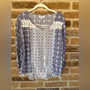 Indigo Thread Co. Crochet-Trim Boho Blouse in Blue and Pink